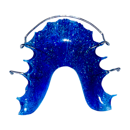 Blue glittery retainer on a white background