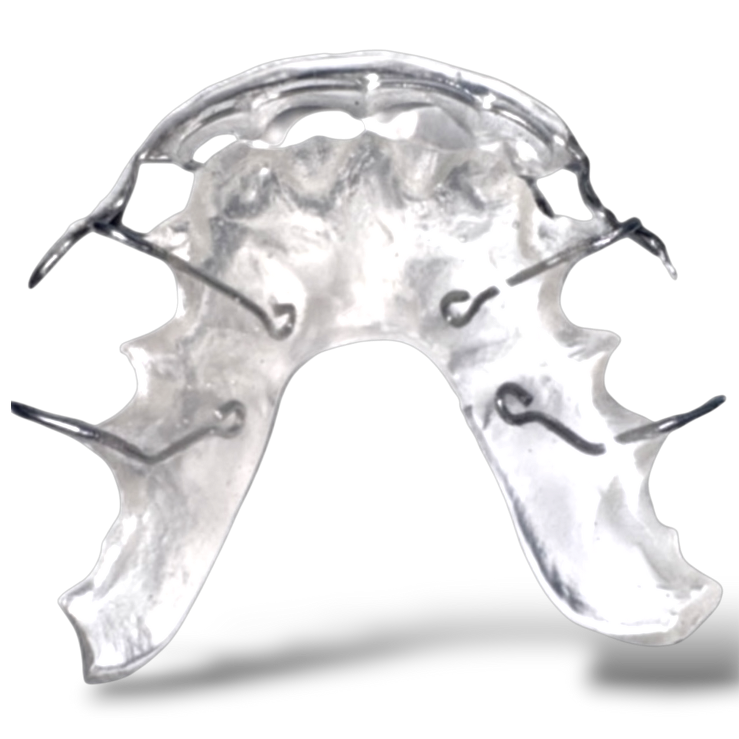 Clear mouthguard with metal framework on a white background