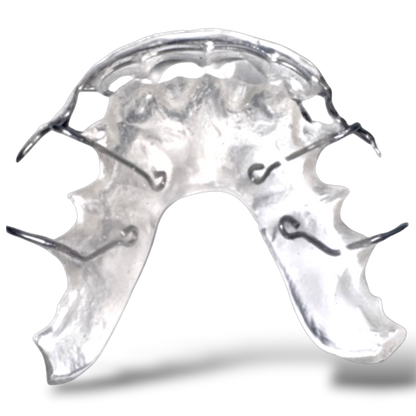 Clear mouthguard with metal framework on a white background
