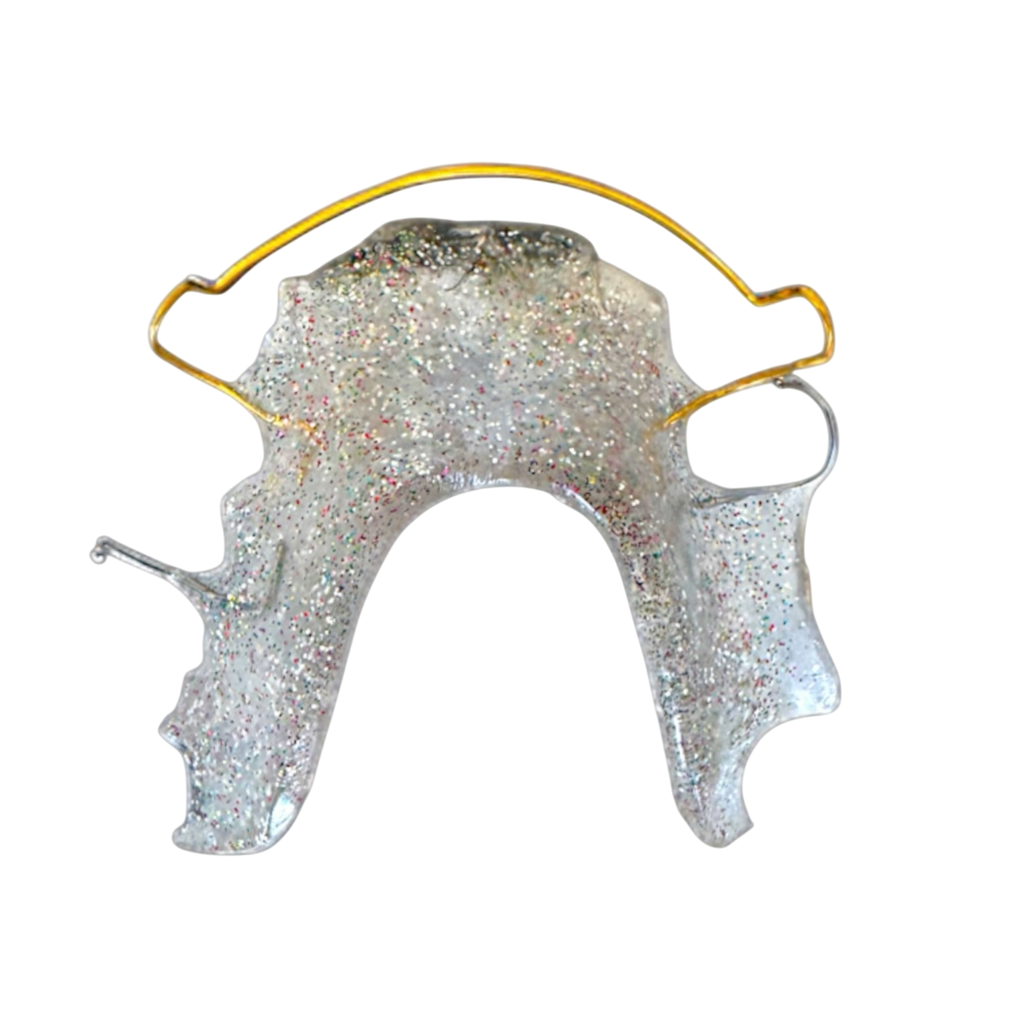 Clear retainer with gold arch bow on a white background 