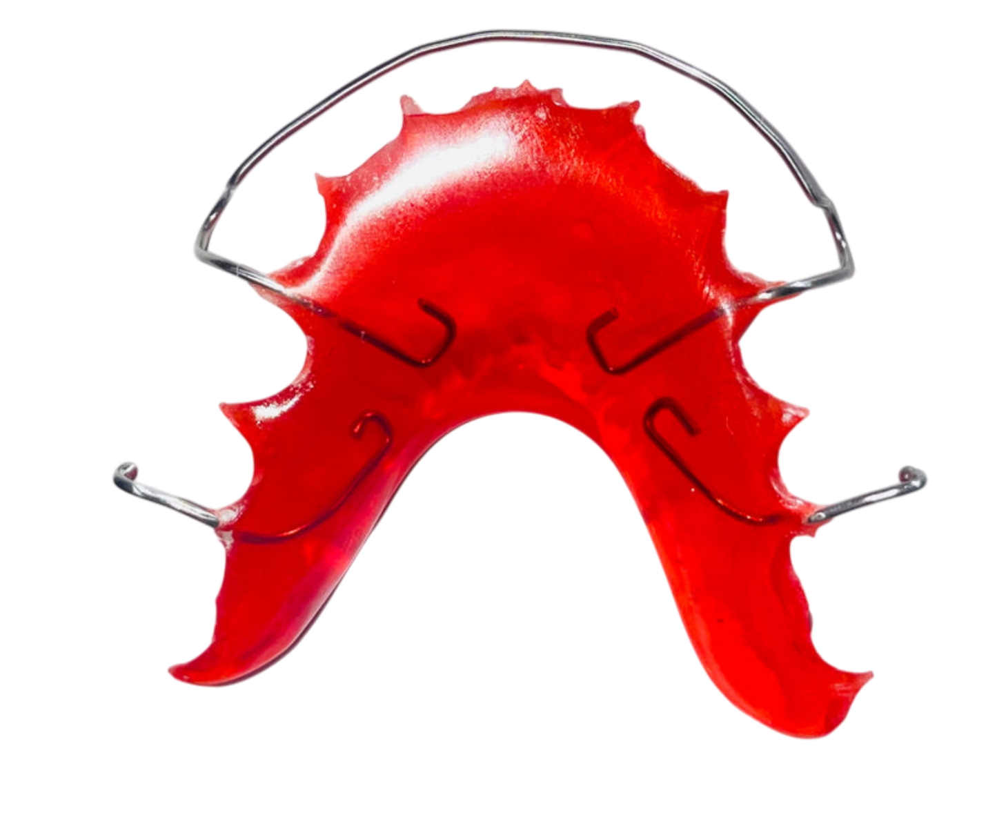 Red mouthguard with metal framework on a white background