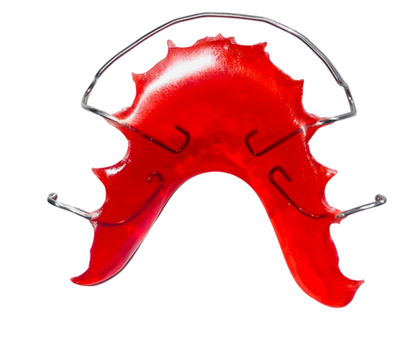 Red mouthguard with metal framework on a white background