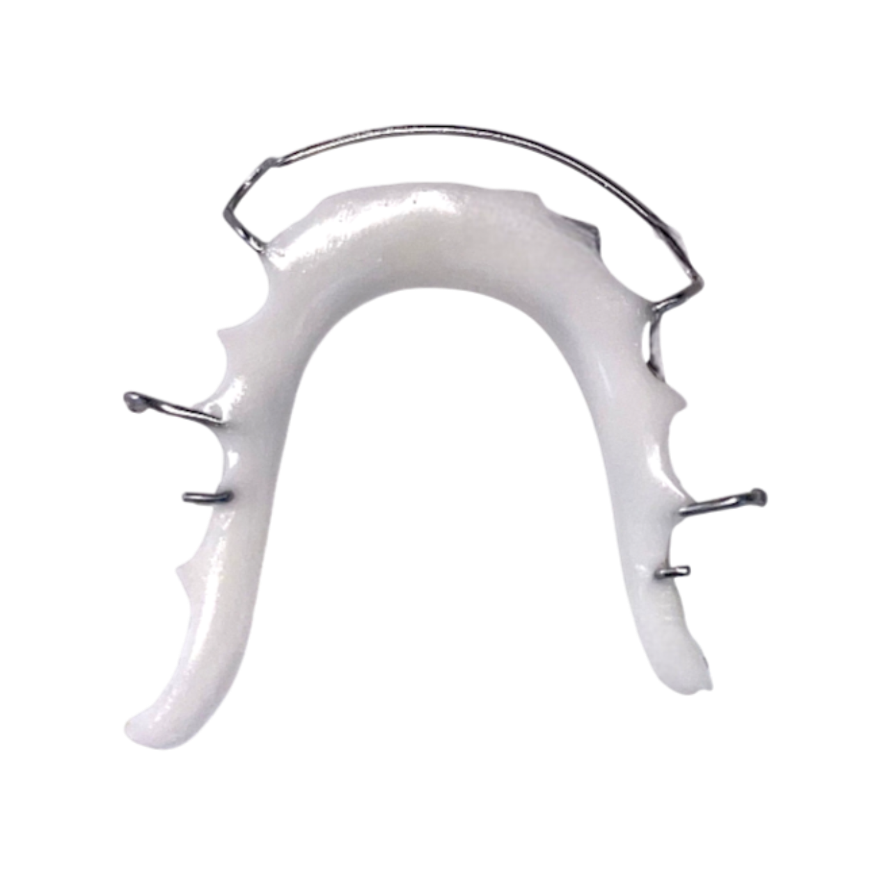 White dental model with metal framework on a white background