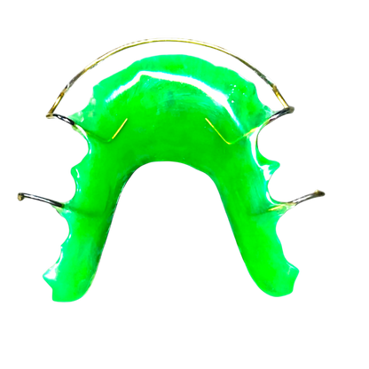 Green retainer with gold arch bow on a white background