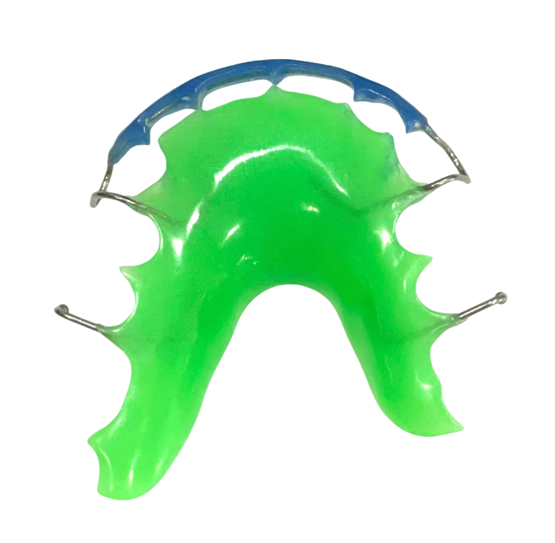 Green mouthguard with blue top on a white background