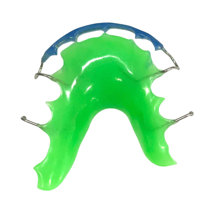Green mouthguard with blue top on a white background