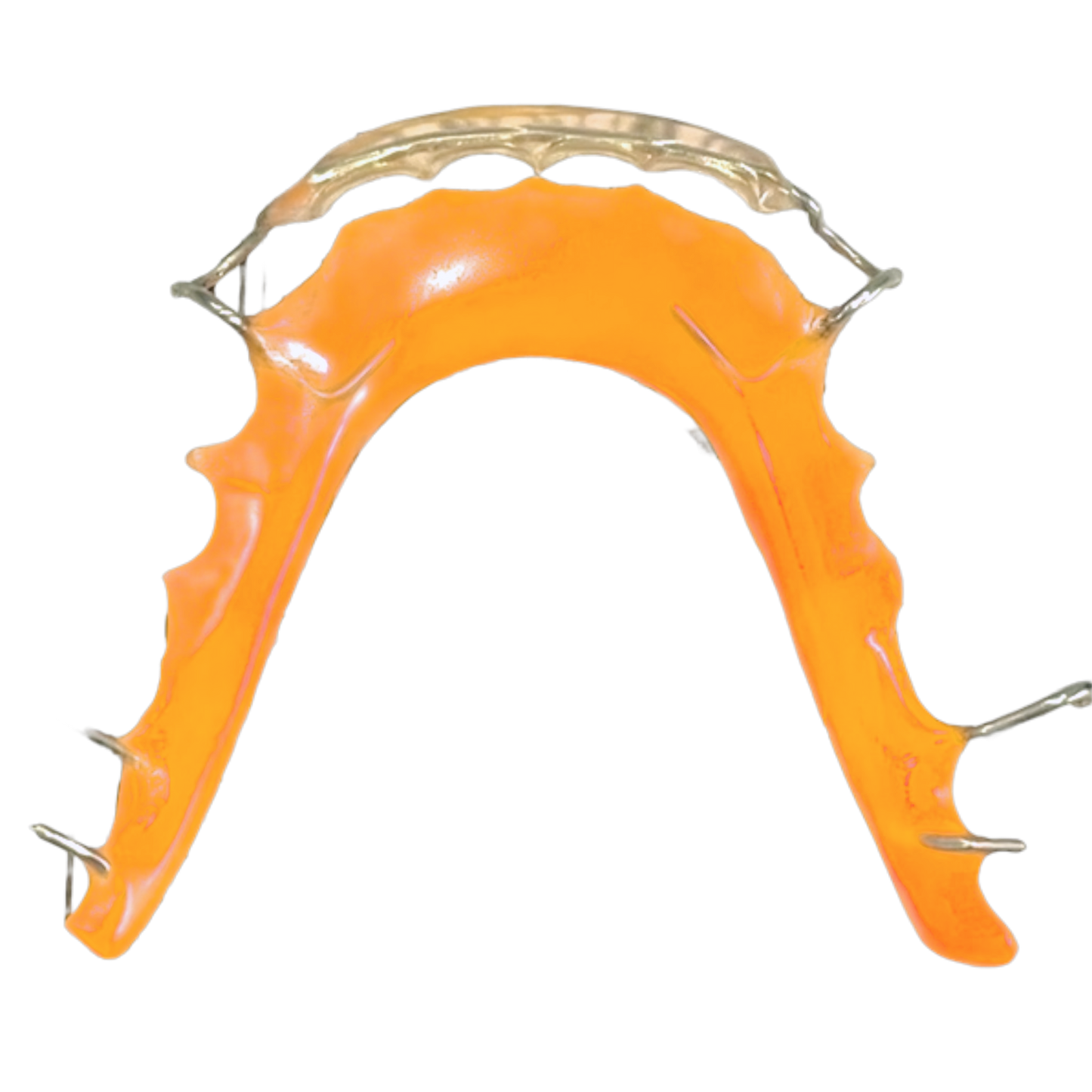 Orange athletic mouthguard with metal frame on a white background