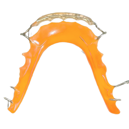 Orange athletic mouthguard with metal frame on a white background