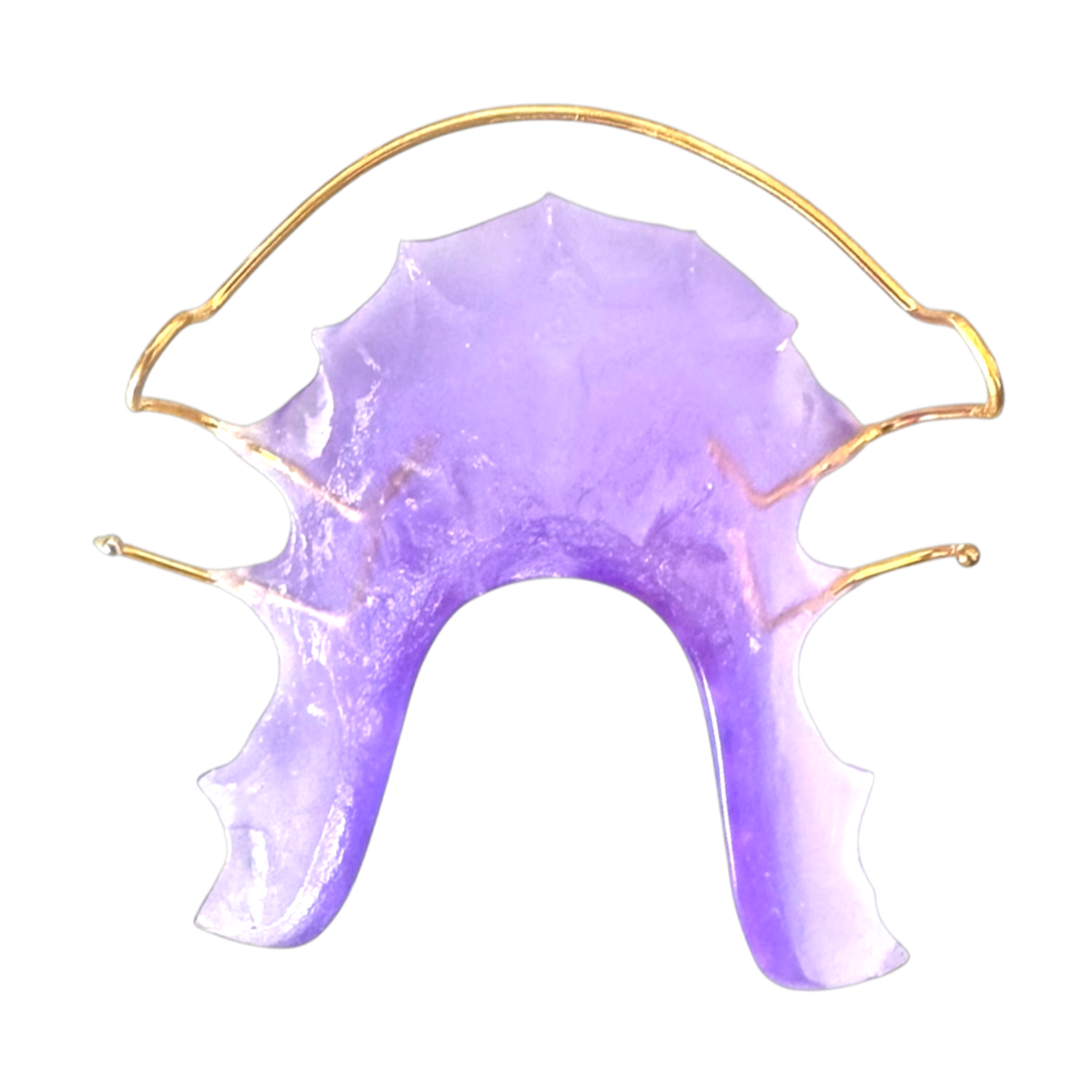 Purple retainer with gold wire and white background. 