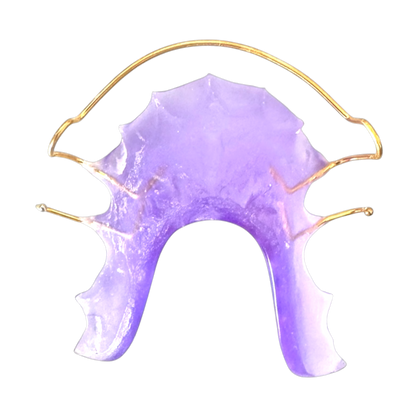 Purple retainer with gold wire and white background. 