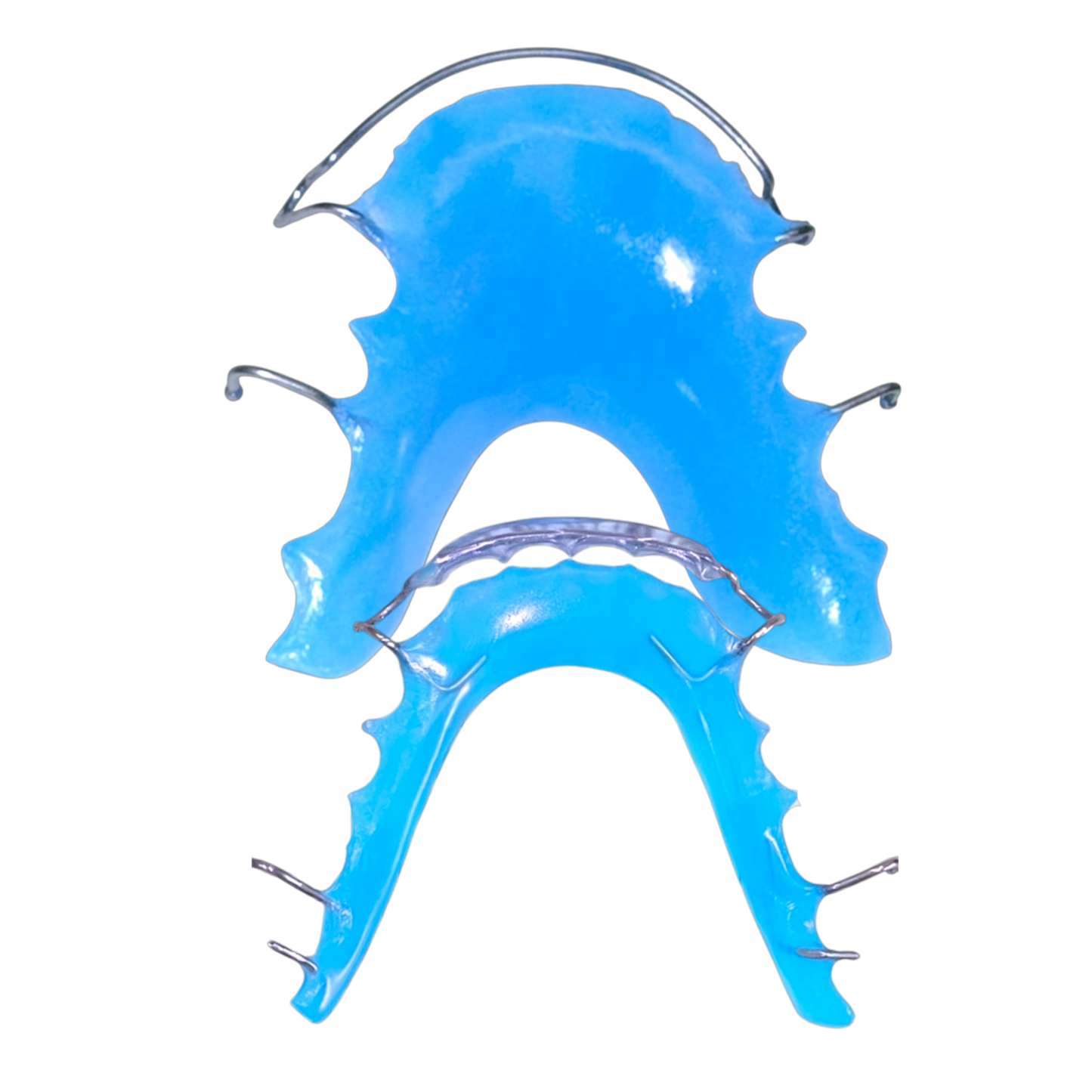 Neon blue retainers with steel wire and white background 