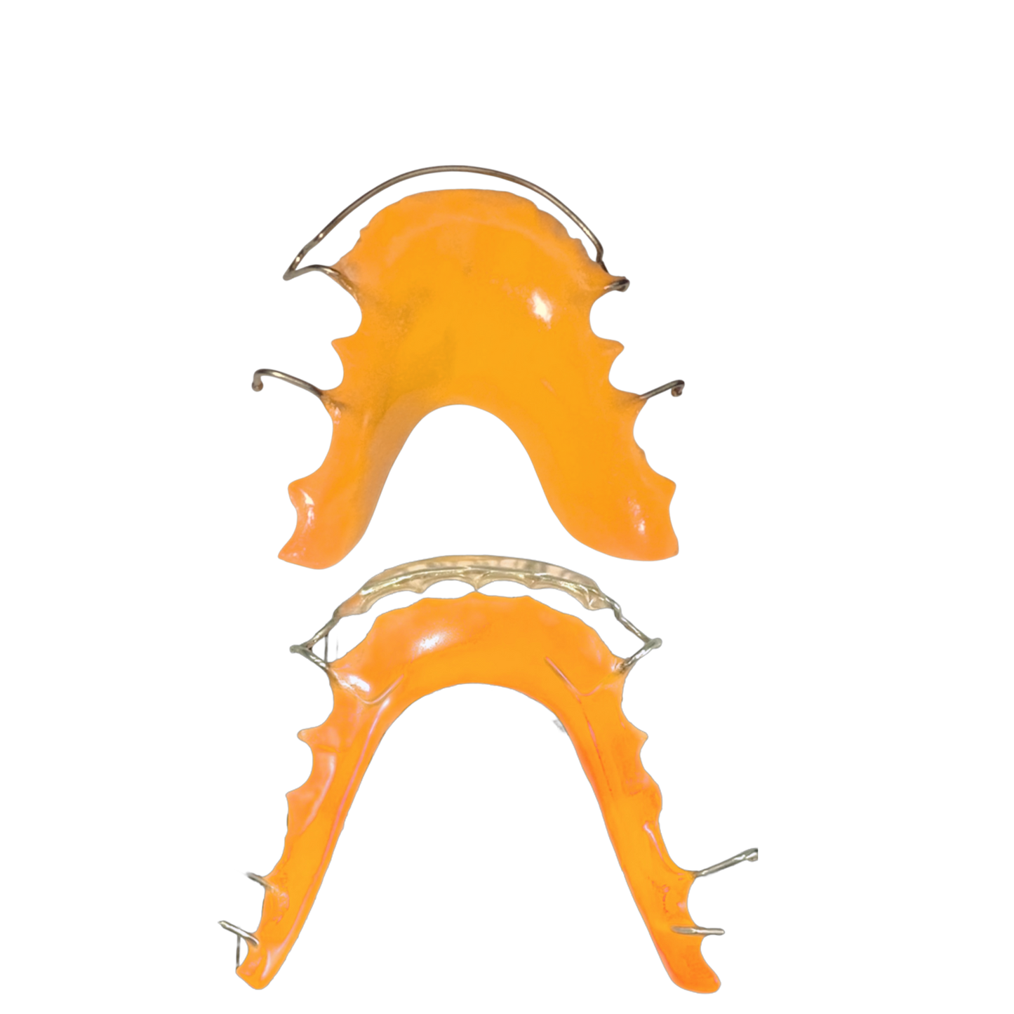 Two orange retainers with metal frames on a white background