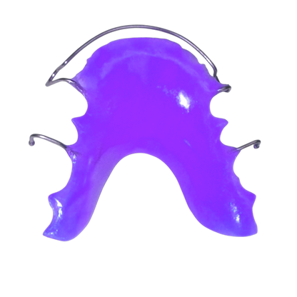 Purple retainer with metal frame on a white background