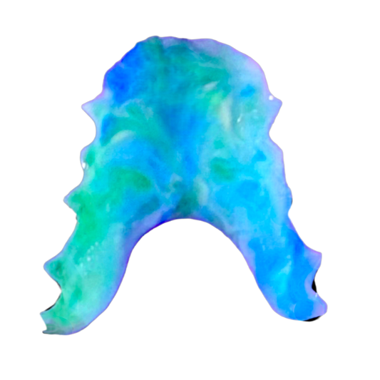 Blue and green tie dye retainer with white background 