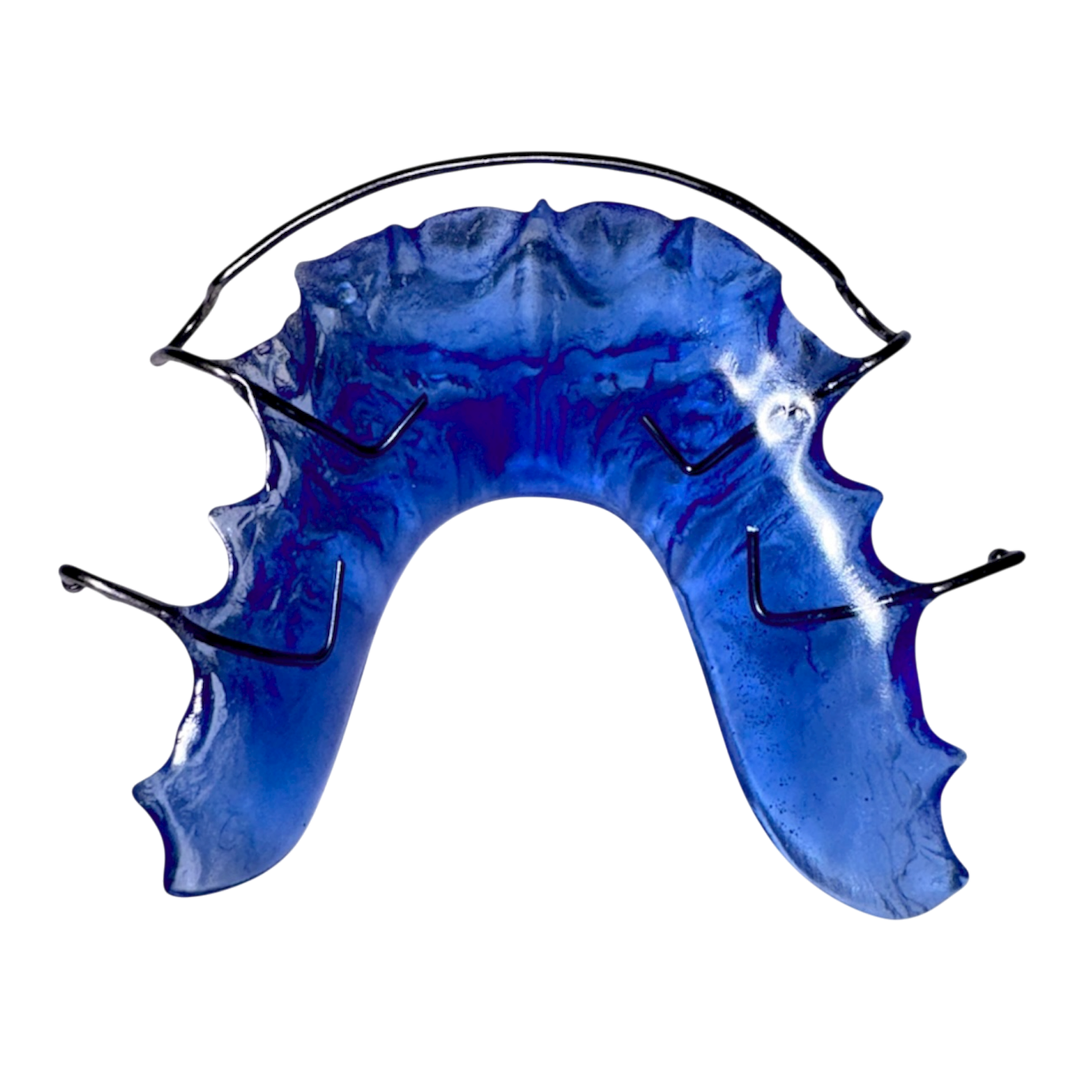Blue mouthguard with metal frame on a white background