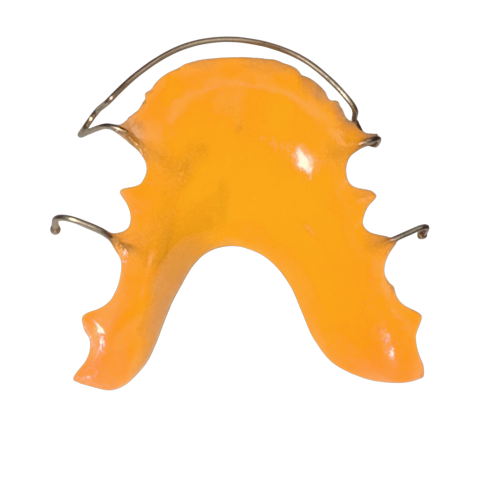 Orange retainer with metal brackets on a white background