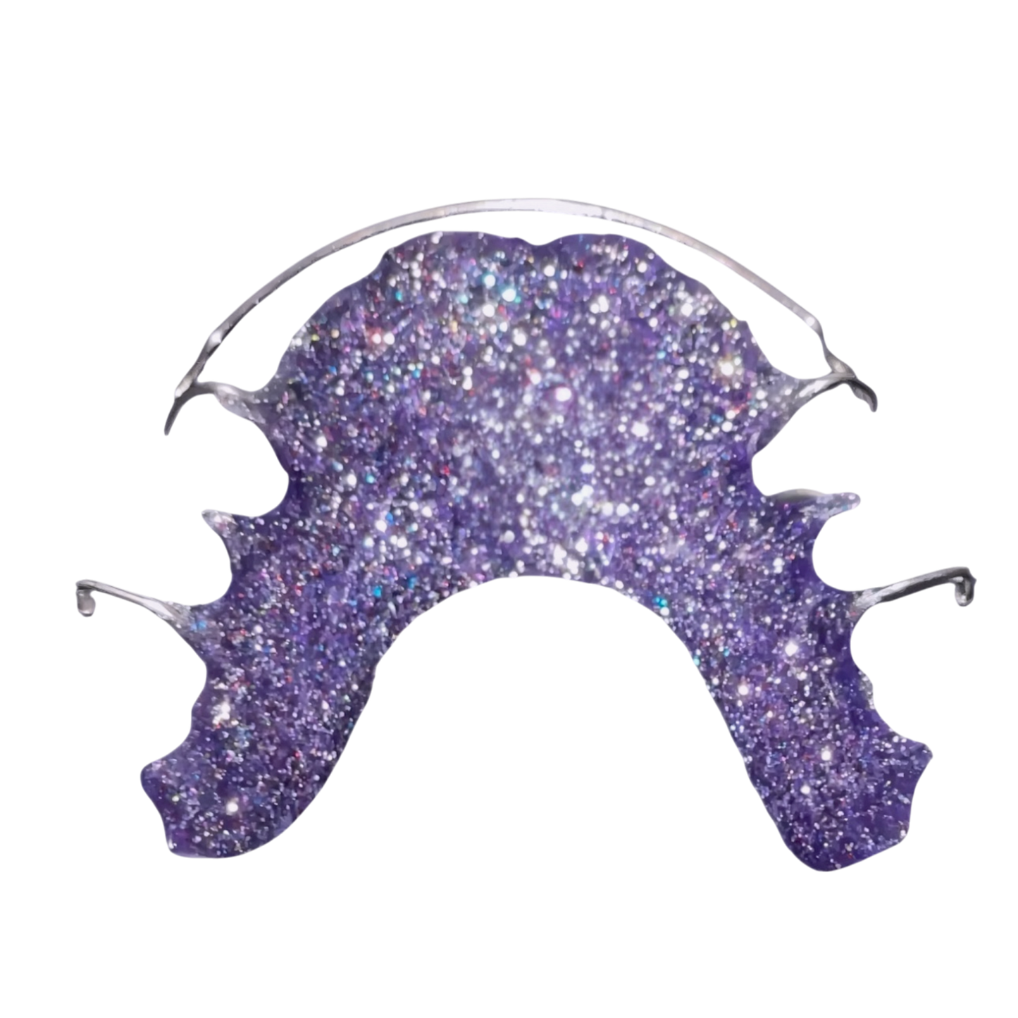 Purple glittery acrylic retainer on a white background