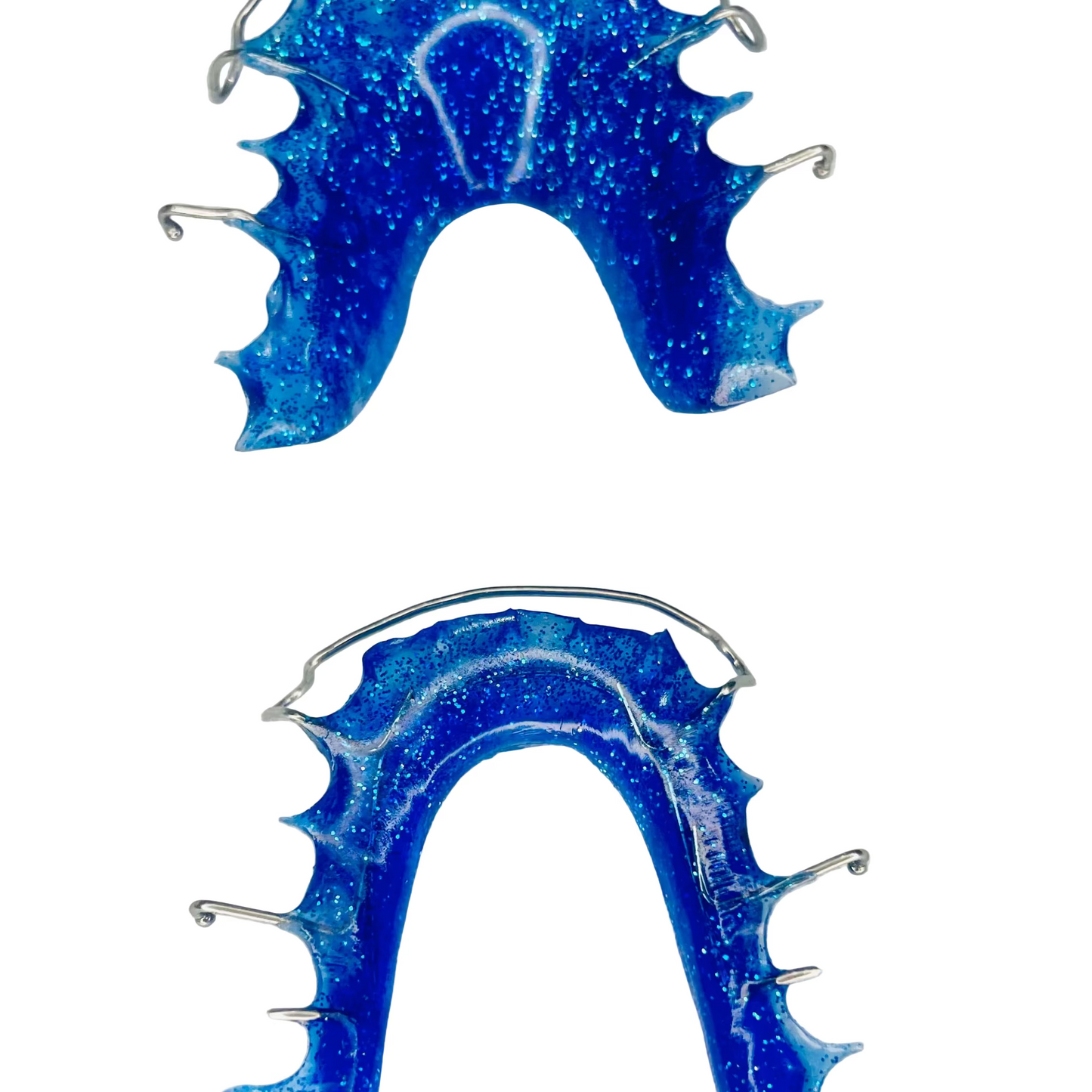 "Blue acrylic Hawley retainer with stainless steel wire"